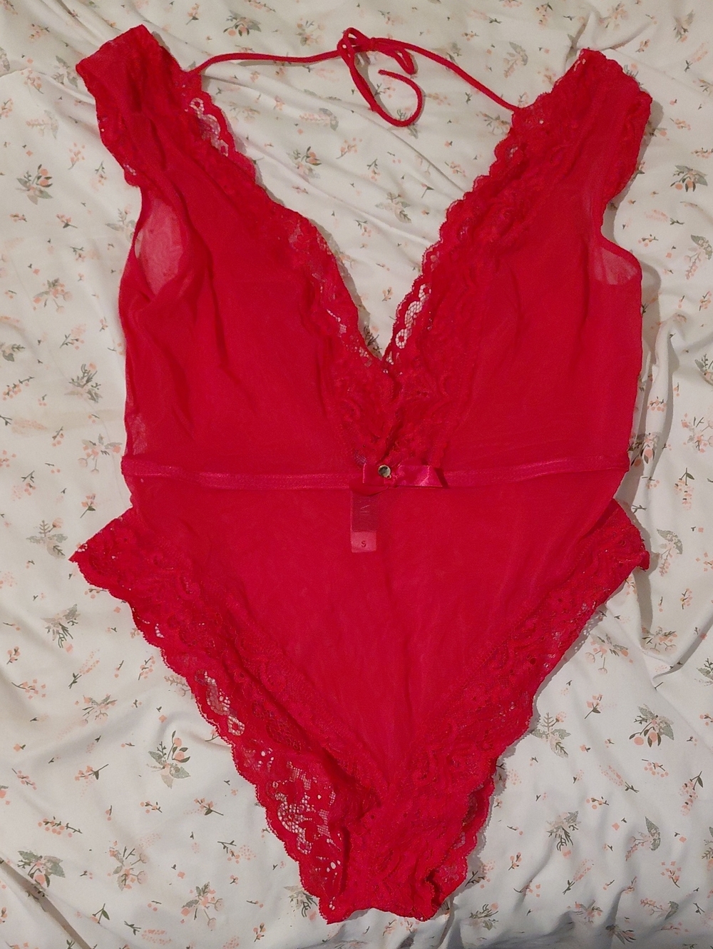 Adore Me Hot Pink Lace Halter Teddy Bodysuit